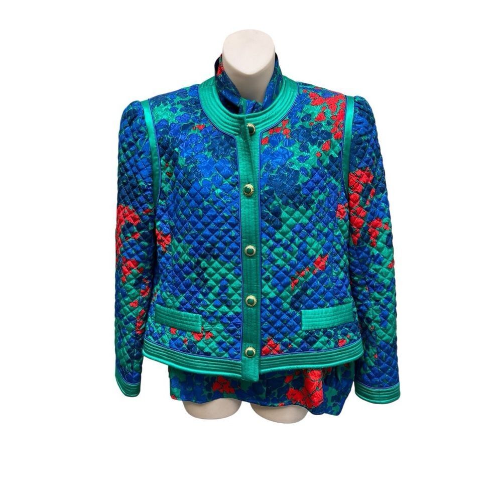 Vintage Lilli Ann Collections Quilted Floral Jacket & Blouse Set 80s Bold Blue